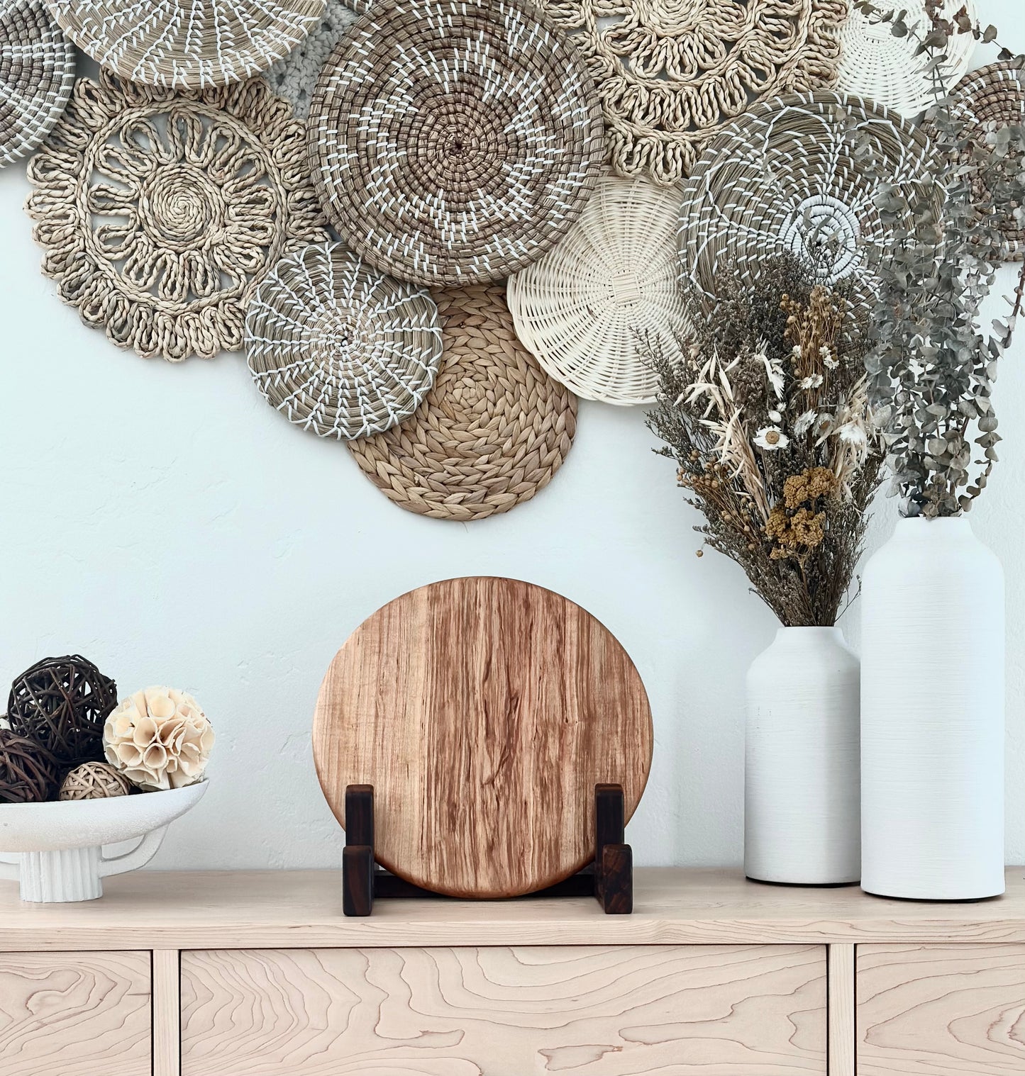 Bonobuilt maple charcuterie board No. 007, 13 in diameter, round with unique grain and color variation — handcrafted in Visalia, California