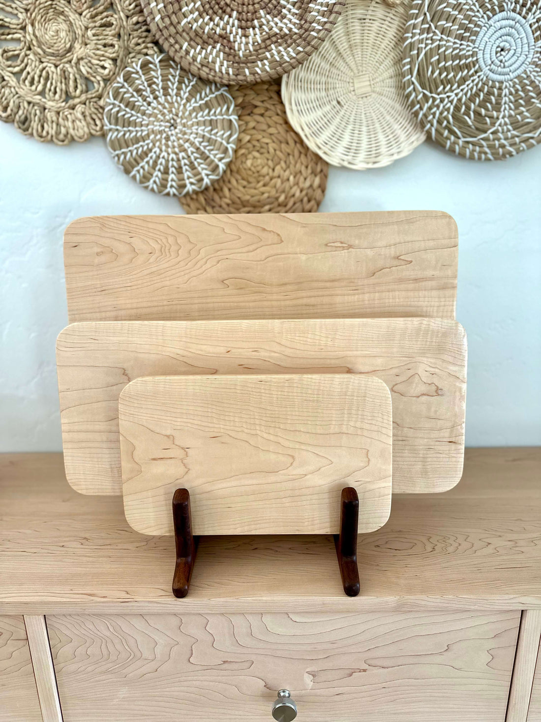 Cutting Boards Displayed in stand hand crafted by Bonobuilt