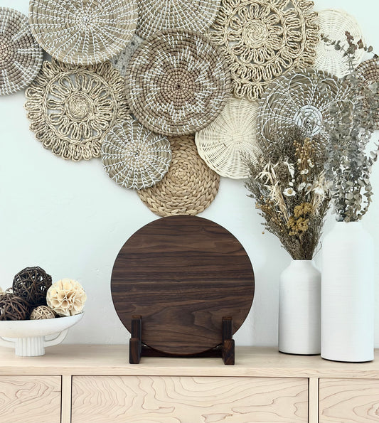 Bonobuilt walnut charcuterie board No. 008, 15 in diameter, round with rich dark warm grain — handcrafted in Visalia, California
